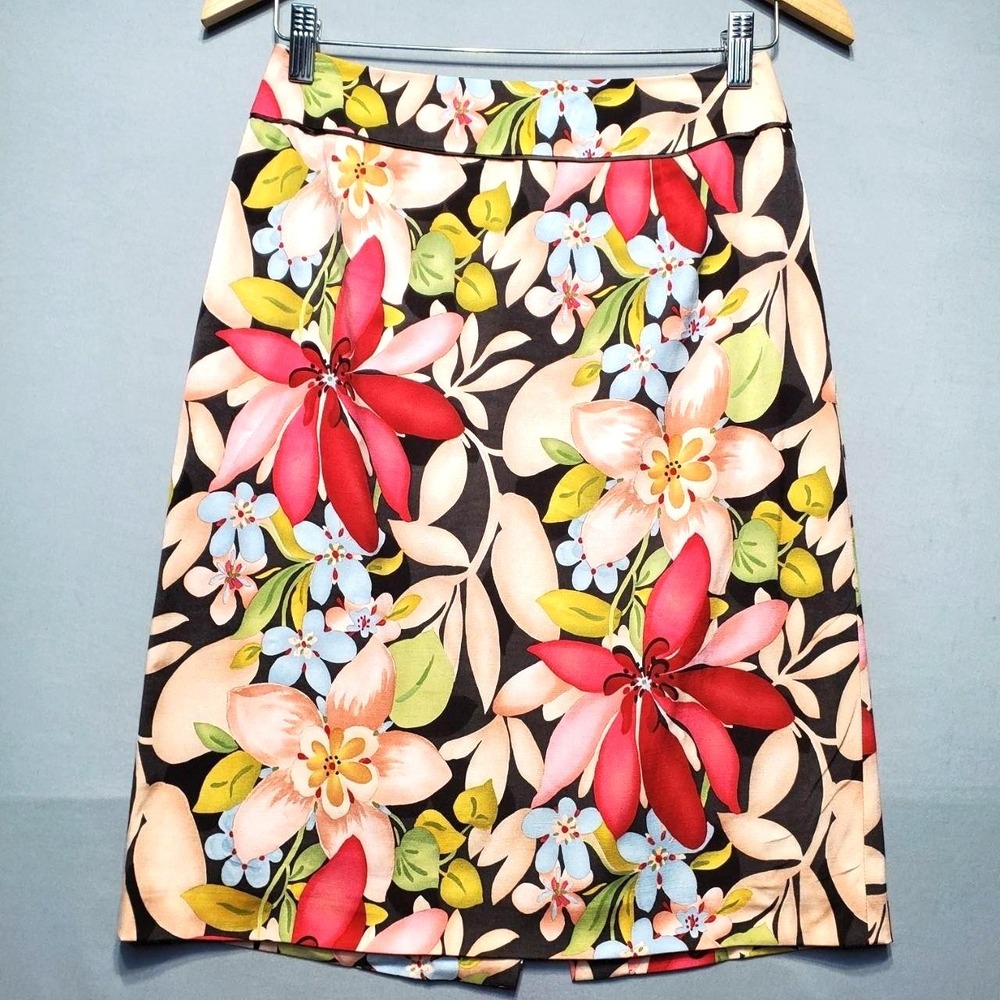 Talbots Silk Cotton Tropical Floral‎ Skirt Womens 4 Red Pink Hibiscus Stretch